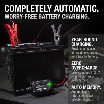 NOCO GENIUS2: 2A 6V/12V Smart Battery Charger – Automatic Maintainer, Trickle Charger & Desulfator with Overcharge Protection & Temperature Compensation – For Lead-Acid & Lithium Batteries