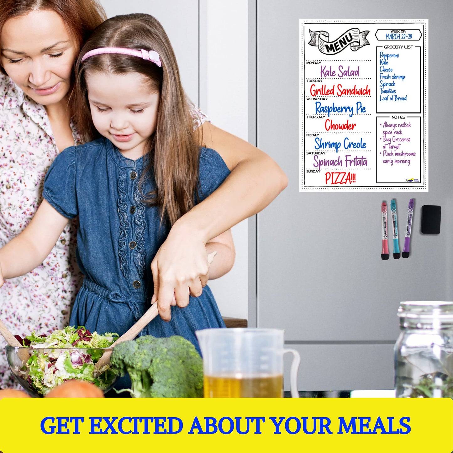 Magnetic Weekly Meal Planner for Refrigerator – 16x12” Dry Erase Menu Board for Kitchen – Fridge Calendar with 3 Markers & Eraser – Track Meals, Groceries, Notes & More – Easy-Clean Whiteboard