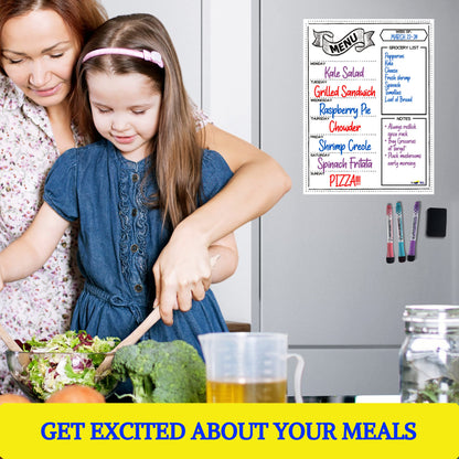Magnetic Weekly Meal Planner for Refrigerator – 16x12” Dry Erase Menu Board for Kitchen – Fridge Calendar with 3 Markers & Eraser – Track Meals, Groceries, Notes & More – Easy-Clean Whiteboard