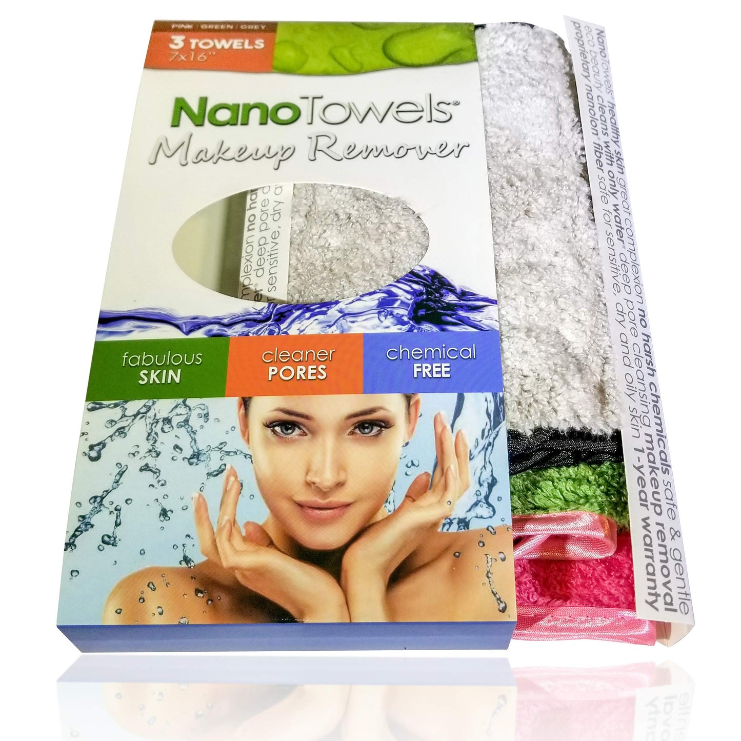 Nano Towel Makeup Remover Face Wash Cloth Multi Color 3-PACK. Remove Cosmetics FAST and Chemical Free. Wipes Away Facial Dirt and Oil Like An Eraser. Great for Sensitive Skin, Acne (Grey, Pink, Green)