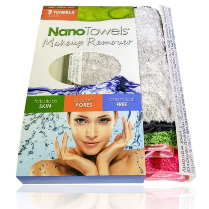 Nano Towel Makeup Remover Face Wash Cloth Multi Color 3-PACK. Remove Cosmetics FAST and Chemical Free. Wipes Away Facial Dirt and Oil Like An Eraser. Great for Sensitive Skin, Acne (Grey, Pink, Green)