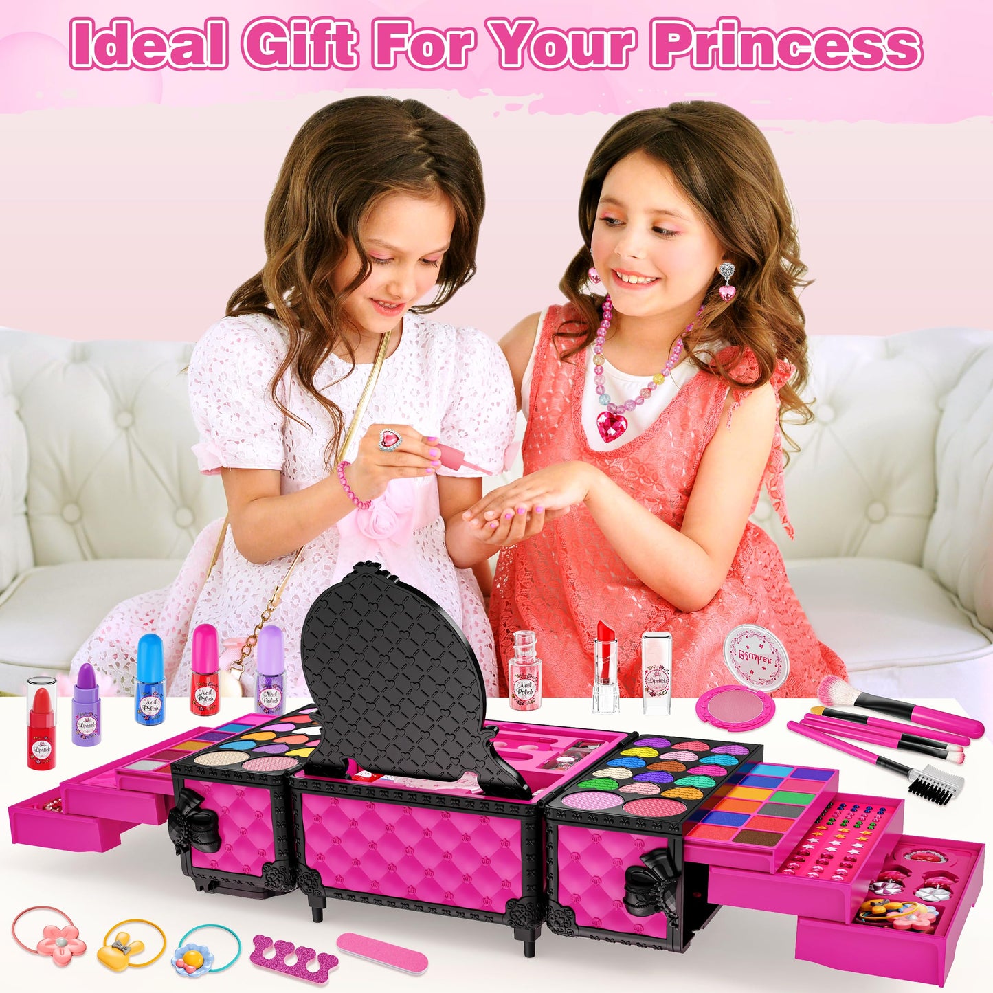 99 Pcs Kids Makeup Kit for Girls, Princess Toys Real Washable Cosmetics Set with Mirror, Hair Ties, Nails, Rings, Earrings, Necklace, Perfect for 3 4 5 6 7 8 Year Old Girls Birthday