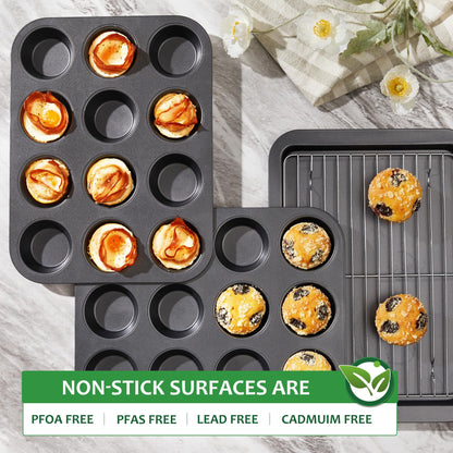 HONGBAKE Muffin Pan for Baking, Nonstick Cupcake Tin 12 Cup, 2 Pack Cup Cake Tray, Premium Cheesecake Pans, Dishwasher Safe - Dark Grey