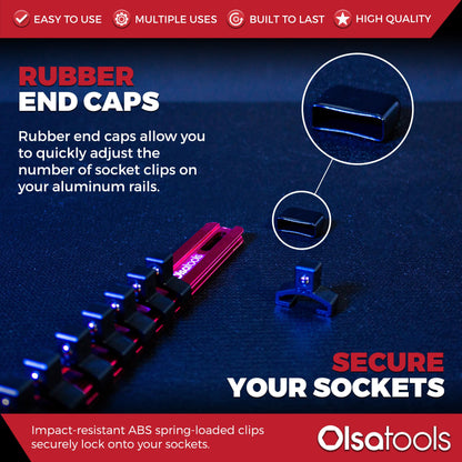 Olsa Tools Socket Organizer - 3/8-Inch Drive Red Holder - Stores 18 Chrome or Impact Sockets - Durable Rail Storage for Mechanics - Professional Grade Metric or SAE Socket Organizer - Part 1011