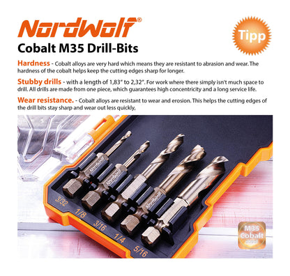 NordWolf 5-Piece M35 Cobalt Stubby Drill Bit Set for Stainless Steel & Hard Metals, with 1/4" Hex Shank for Quick Chucks & Impact Drivers, SAE Sizes 3/32"-1/8"-3/16"-1/4"-5/16" in Storage Case