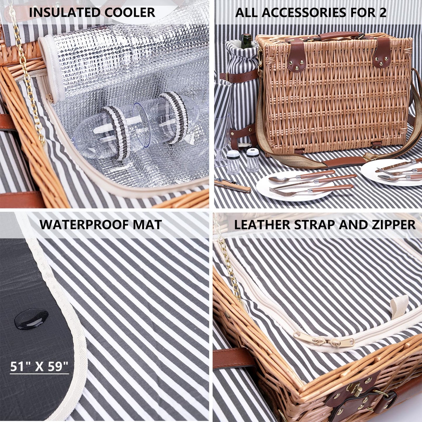 Picnic Basket with Blanket and Wine Pouch for 2 Wicker Picnic Set with Insulated Liner Cooler Bag Hamper for Camping,Wedding - Stripes