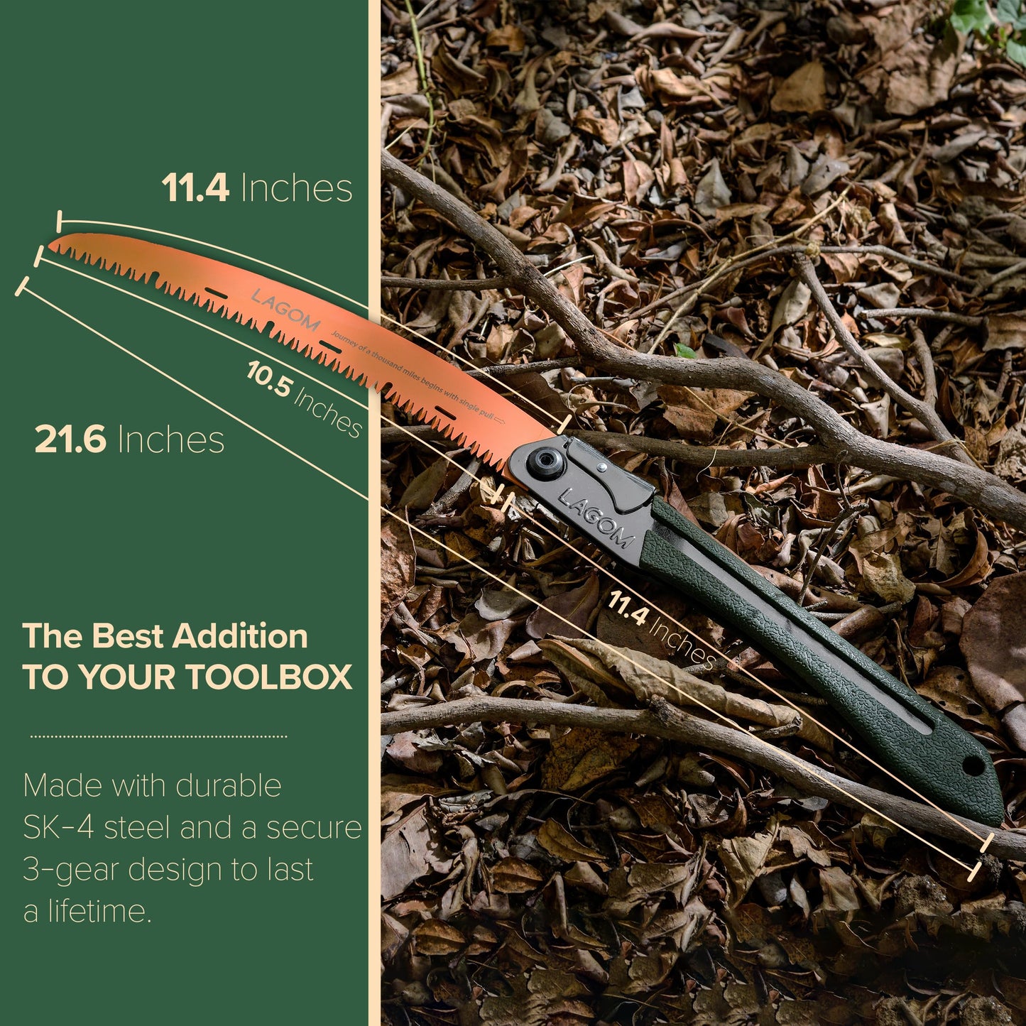 LAGOM Folding Camp Saw for Cutting Branches, 11.4" Curved Blade | SK5 Steel, Ergonomic Handle, One-Hand Use, Secure Lock | Foldable Pruning Tool for Camping, Gardening, Survival, Kayaking, Outdoors