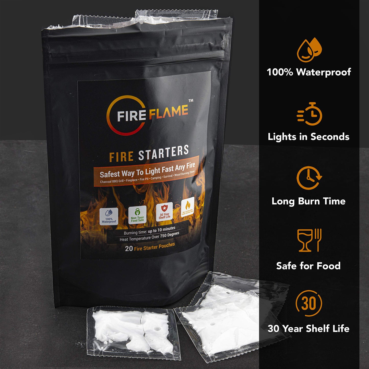 FireFlame Quick Instant Fire Starter -100% Waterproof All-Purpose Indoor & Outdoor FireStarter, for Charcoal Starter, Campfire, Fireplace, Firepit, Smoker - Odorless and Non-Toxic - 20 Pouches in Bag