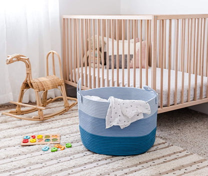 OrganiHaus Toy Storage Basket for Kids, Large Cotton Rope Organizer Bin for Nursery, Toy Box, Blanket Holder, Baby Hamper for Living Room, Soft & Washable, 20x13 inches - Blue
