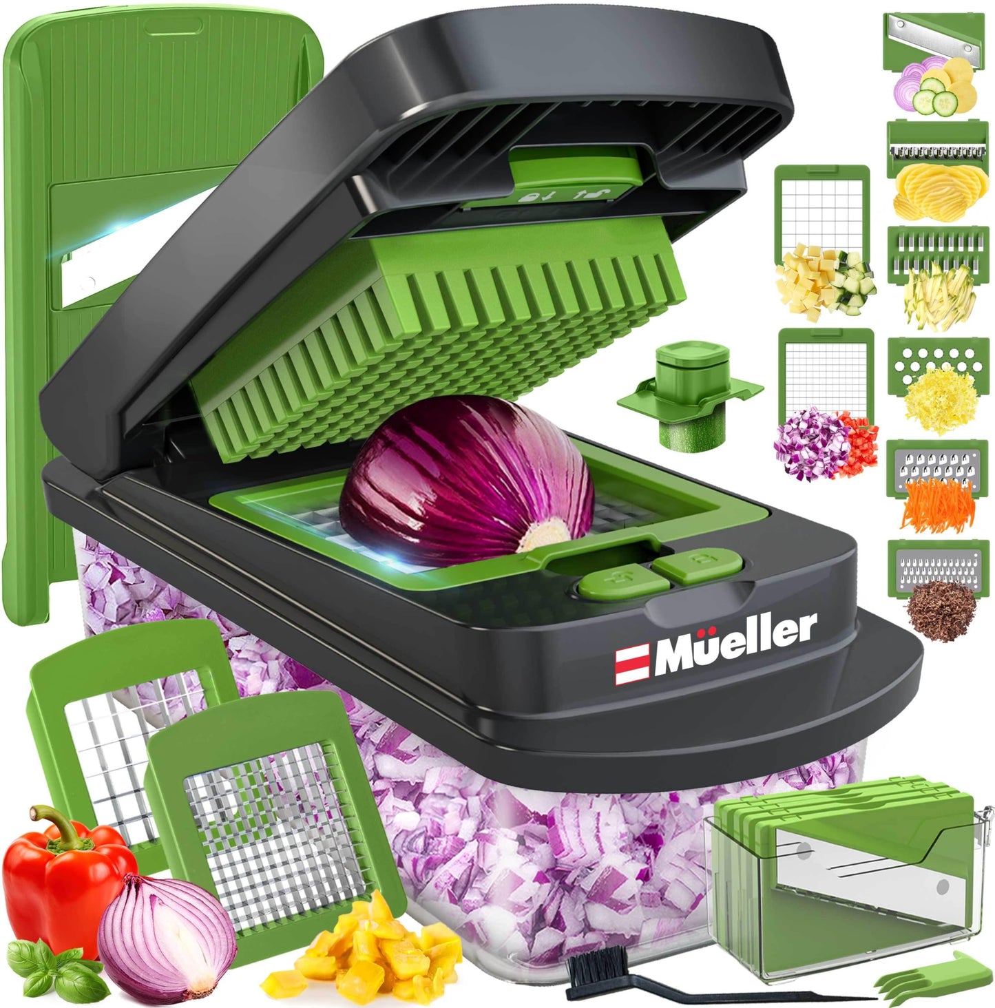 Mueller Pro-Series 10-in-1, 8 Blade Vegetable Chopper, Onion Mincer, Cutter, Dicer, Egg Slicer with Container, French Fry Cutter Potato Slicer, Home Essentials, Salad Chopper,Gray/Green