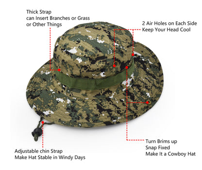 Outdoor Wide Brim Sun Protect Hat, Classic US Combat Army Style Bush Jungle Sun Cap for Fishing Hunting Camping 13