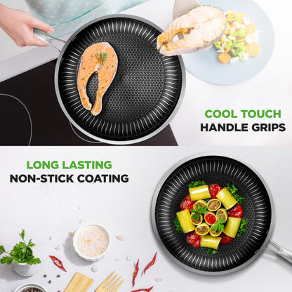 NutriChef 12" Stainless Steel Frying Pan - Triply Hybrid Skillet w/DAKIN Etching Non-Stick Coating, Scratch-resistant Raised-up Honeycomb Fire Textured Pattern, NC3PL12