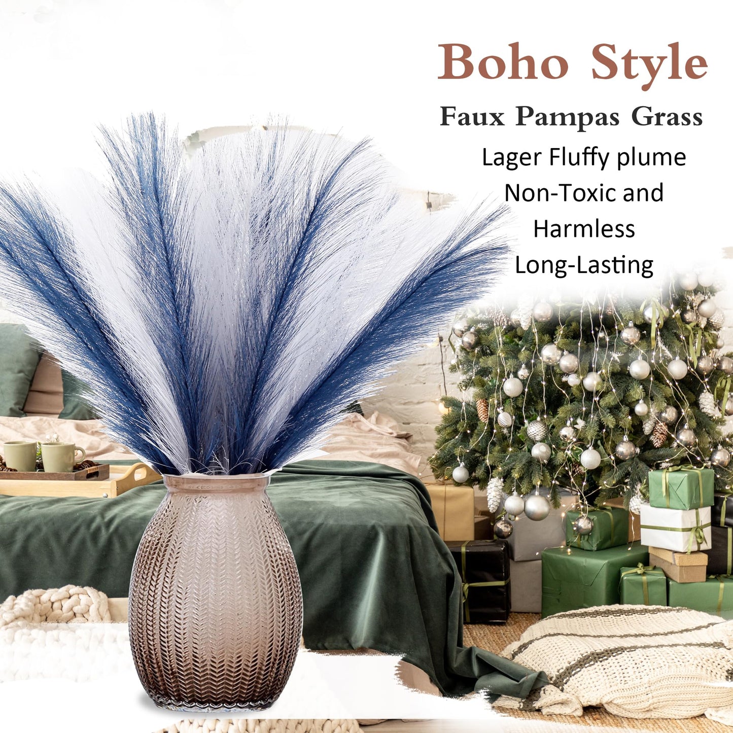 Acfruits Blue and White Pampas Grass Decor, 30 Pcs 17" Faux Pampas Grass Short Decor, Pompas Grass Flower Arrangement and Vase Filler for Boho Home Wedding Decoration