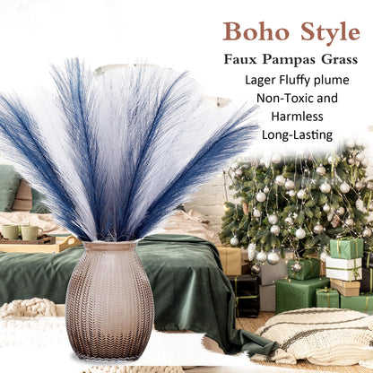 Acfruits Blue and White Pampas Grass Decor, 30 Pcs 17" Faux Pampas Grass Short Decor, Pompas Grass Flower Arrangement and Vase Filler for Boho Home Wedding Decoration