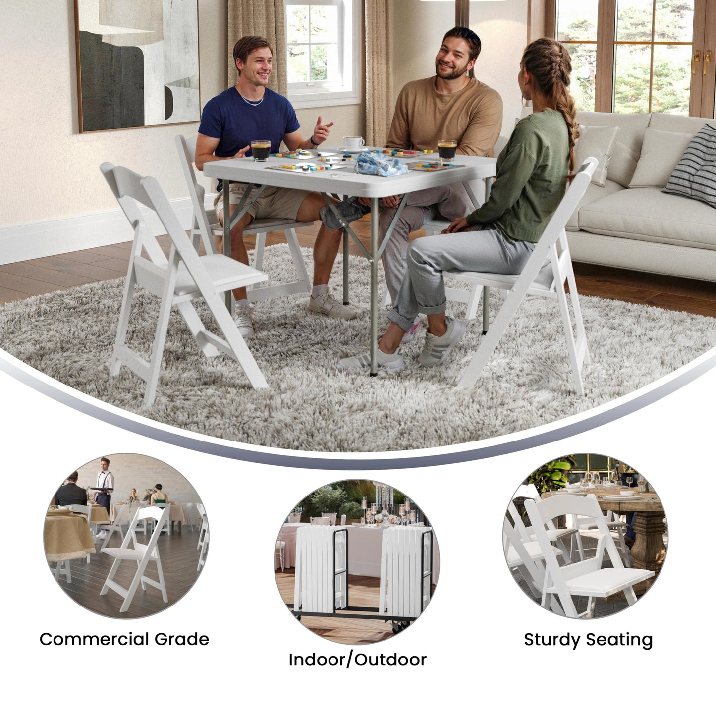 Flash Furniture Hercules Series Folding Chair - White Resin - Set of 4 800LB Weight Capacity Comfortable Event Chair - Light Weight Folding Chair