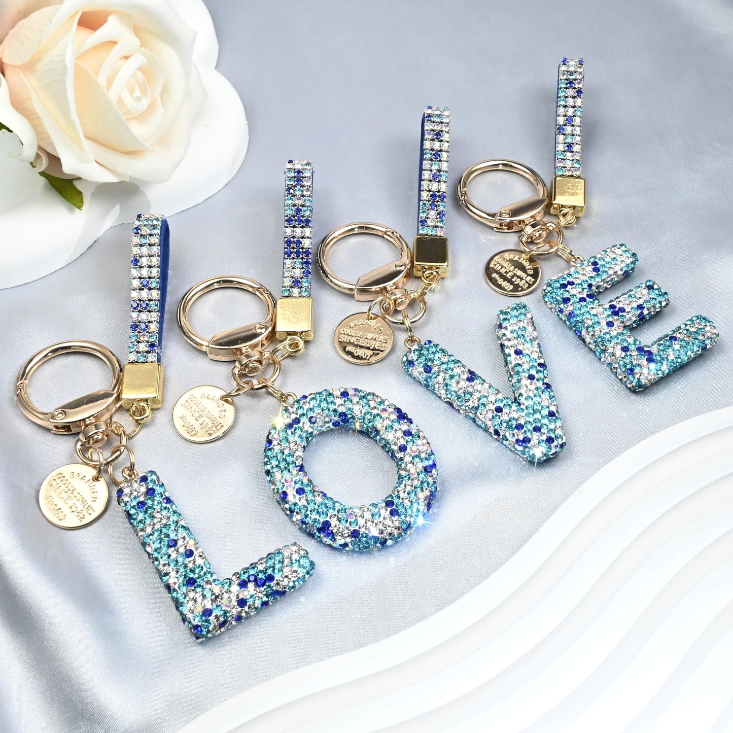 Pink Blue White Initial Letter Keychain Gift for Women Girls Bling Sparkly Cute Backpack Car Key Accessories Lanyard (N-blue)