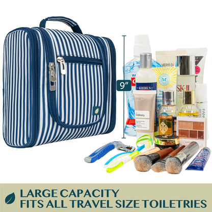 PAVILIA Toiletry Bag Travel Bag for Women Men, Hanging Cosmetic Organizer, Water Resistant Makeup Bag for Accessories Toiletries, Large Travel Essentials Kit (Stripe Navy)