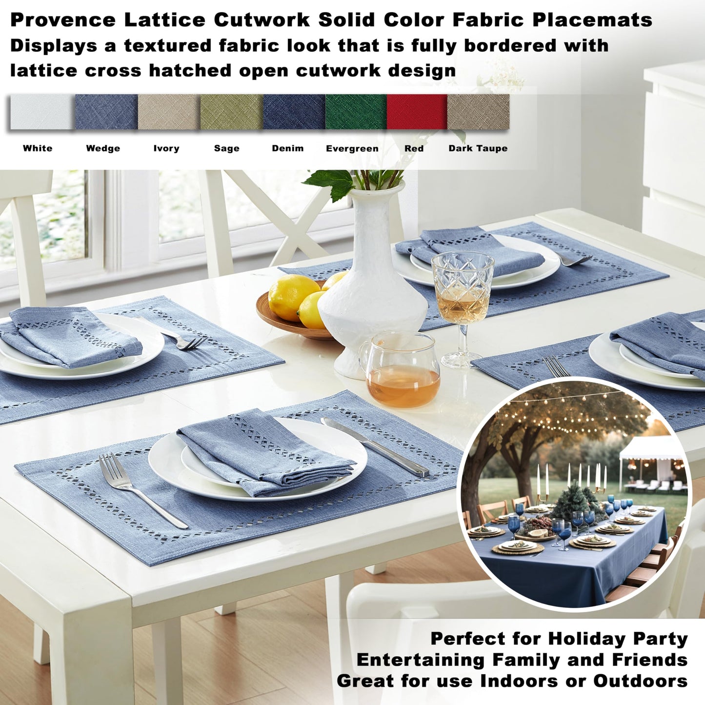Newbridge Rectangle Fabric Placemats, Set of 4 Placemats, Provence Lattice Cutwork Solid Color Textured, Water and Stain Resistant Easy Care, Wedgewood Blue