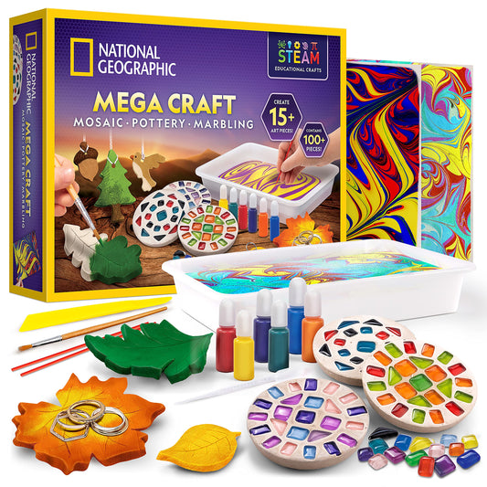 National Geographic Mega Arts and Crafts Kit for Kids – Mosaic Kit, Marbling Paint Kit & Air Dry Clay Pottery Kit – Art Projects for Kids Ages 8-12, Crafts for Girls and Boys (Amazon Exclusive)