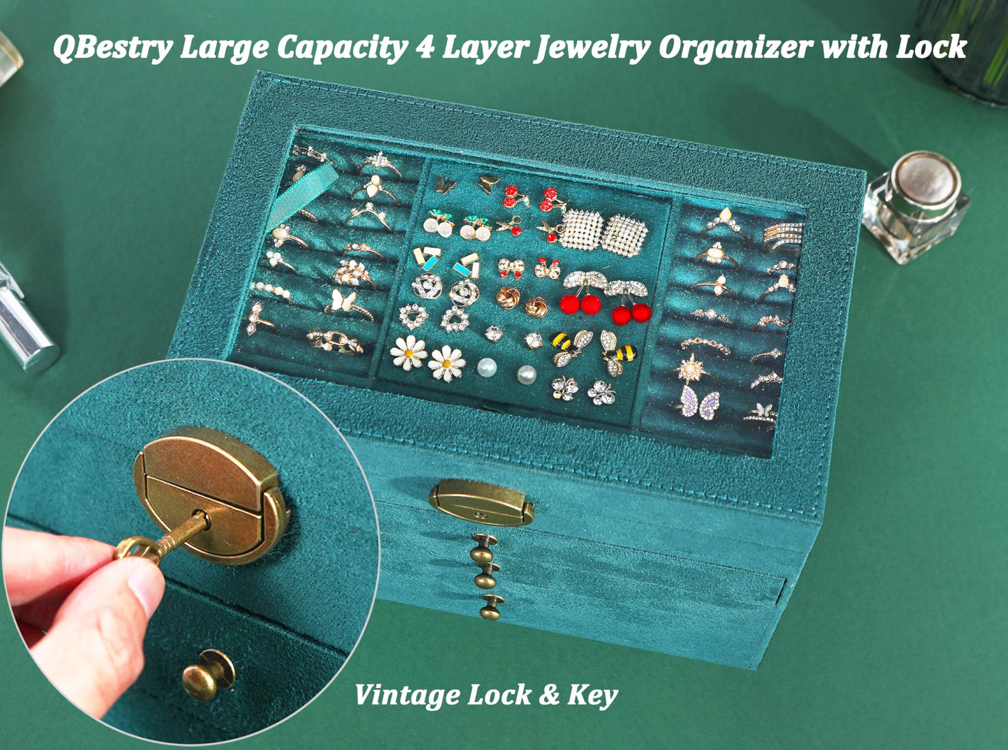 QBestry Large Jewelry Box for Women with Lock,4 Layer Glass Lid Jewelry Organizer with Drawers,Green Velvet Jewelry Storage Organizer Box for Bracelet Ring and Earring Jewelry Box with Sunglass Holder