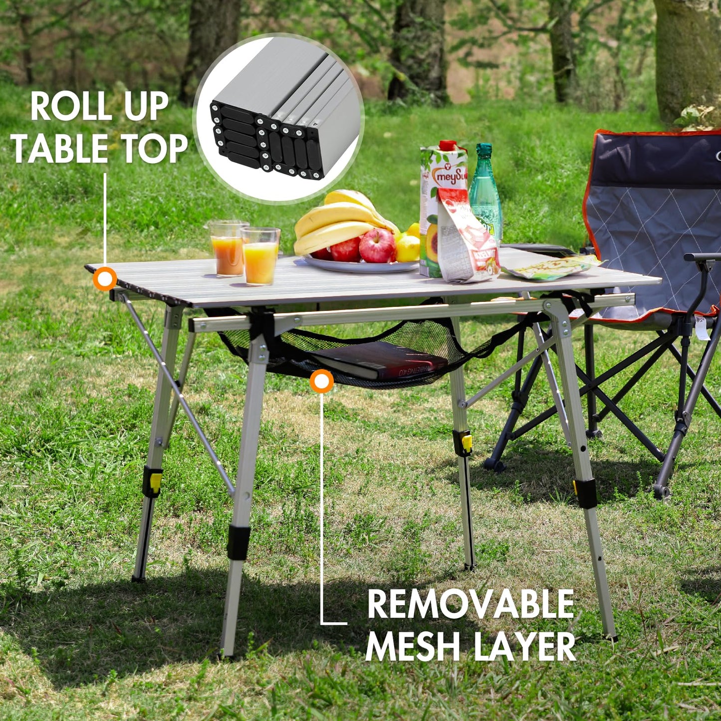 PORTAL Outdoor Folding Portable Picnic Camping Table with Adjustable Height Aluminum Roll Up Table Top Mesh Layer, Silver