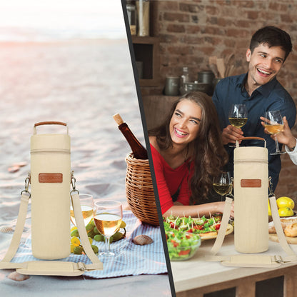opux Wine Bag Single Bottle Carrier Tote, Insulated Wine Cooler Bag for Travel Picnic Beach with Shoulder Strap, Thermal One Bottle Holder Carrying Case Wine Gift for Women Men, Beige Cream