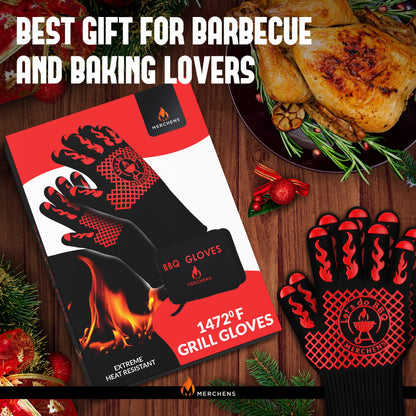 Pro-Series BBQ Gloves - Heat Resistant Grill, Grilling, and Oven Gloves for Culinary Experts - Extreme Fireproof Protection, Silicone Grip, Extra Long Mitts - Indoor & Outdoor - with Protective case