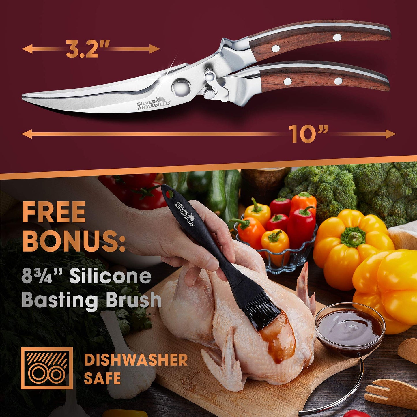 Heavy Duty Poultry Shears | Food Grade Stainless Steel Scissors for Bone, Chicken, Meat, Fish, Seafood, Vegetables | Anti-Rust Ergonomic Spring Loaded Food SHEAR | Built-In Lock |(Brown Wood Handles)