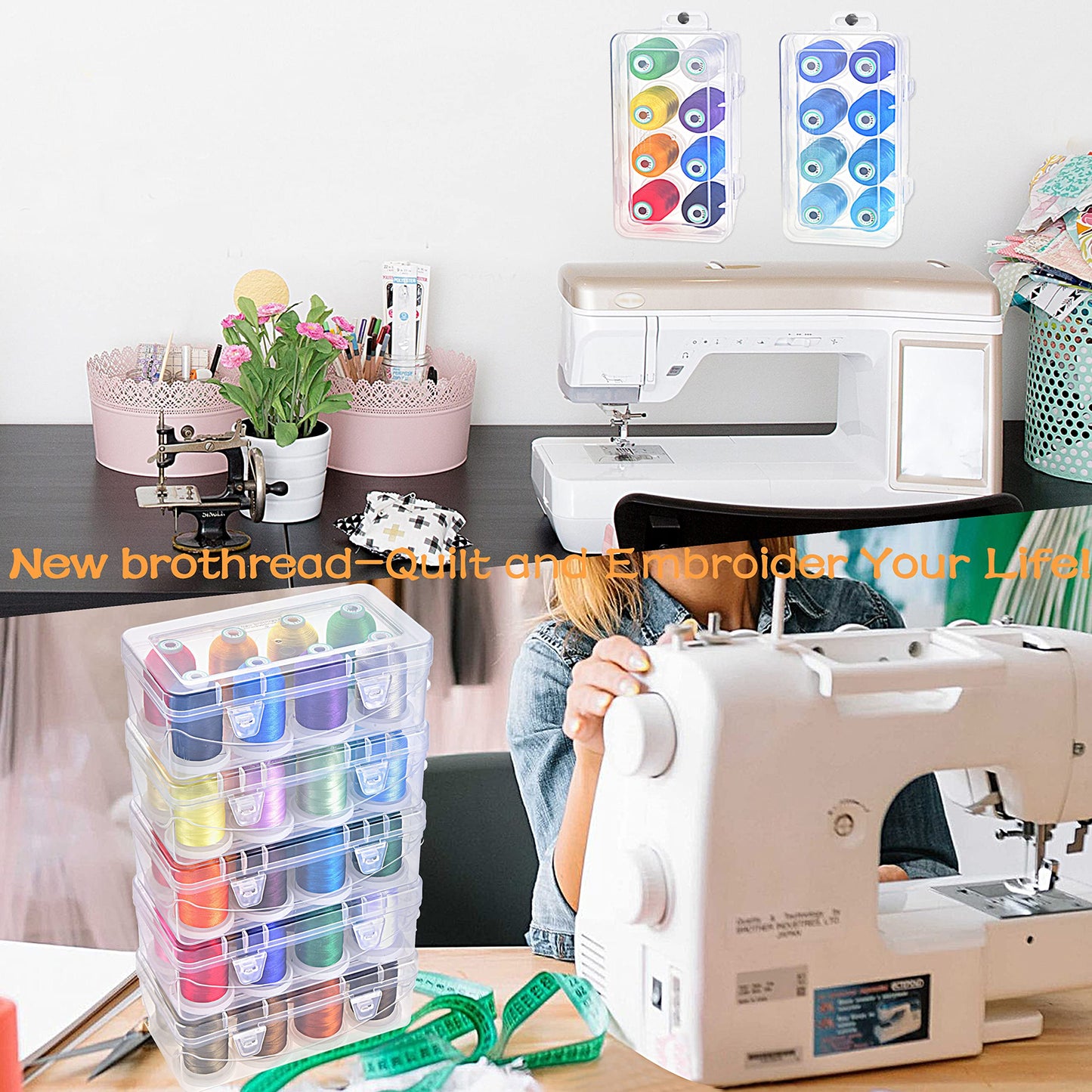 New brothread - 20 Options - 8 Snap Spools of 1000m Each Polyester Embroidery Machine Thread with Clear Plastic Storage Box for Embroidery & Quilting - Pastel Color