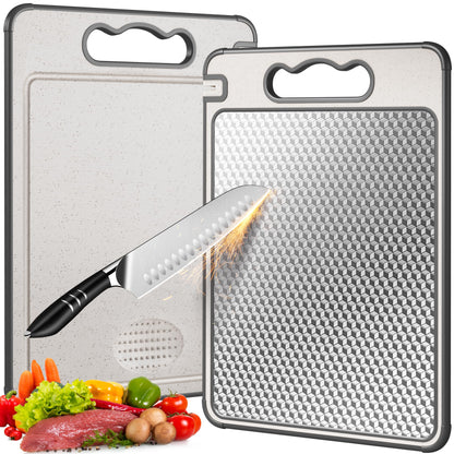 LOZOVIN Double Sided 304 Stainless Steel & Wheat Straw Cutting Board, 14.4"*9.8" Non Toxic Chopping Board, Separately Handle Meat and Vegetables, Dishwasher Safe, Scratch Resistant Mesh Design