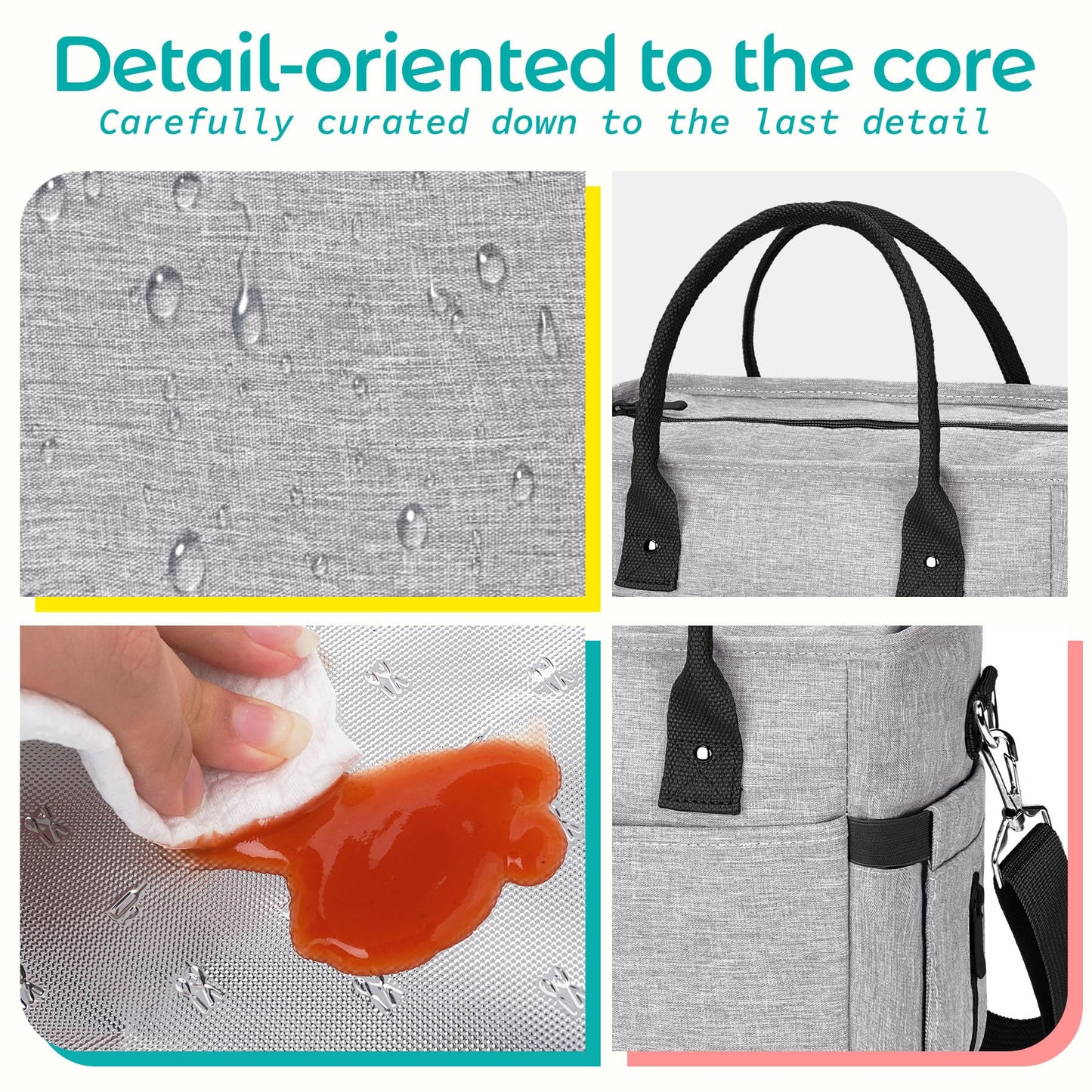 KIPBELIF Cute & Roomy Lunch Box for Women – Adults Large Insulated Lunch Bag with Shoulder Strap, Multi-Pockets, and Water Bottle Holder for Work, Picnic, and Outdoors (Extra Large Size, Gray)