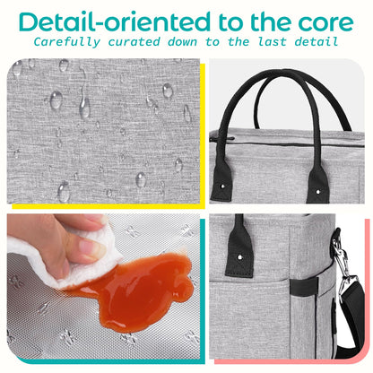 KIPBELIF Cute & Roomy Lunch Box for Women – Adults Large Insulated Lunch Bag with Shoulder Strap, Multi-Pockets, and Water Bottle Holder for Work, Picnic, and Outdoors (Extra Large Size, Gray)