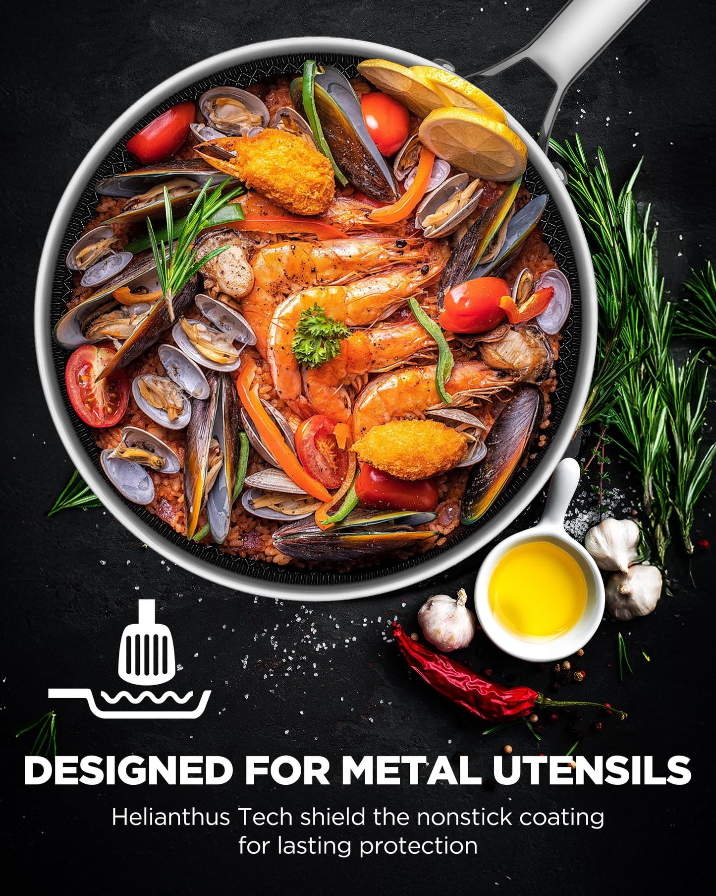 Non Stick Frying Pans Hybrid Ceramic, 12 Inch Tri-Ply Stainless Steel Skillet, Non-Toxic, PFAS/PFOA/PTFE Free, Metal Utensil Safe, Dishwasher & Oven Safe, Induction Compatible