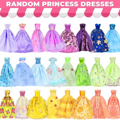 130 Pcs Doll Clothes and Accessories Kit, Including 4 Princess Gowns 8 Fashion Dresses 3 Tops 3 Pants 2 Bikini Swimsuits 20 Shoes 20 Accessories and Hangers for 11"-12" Dolls