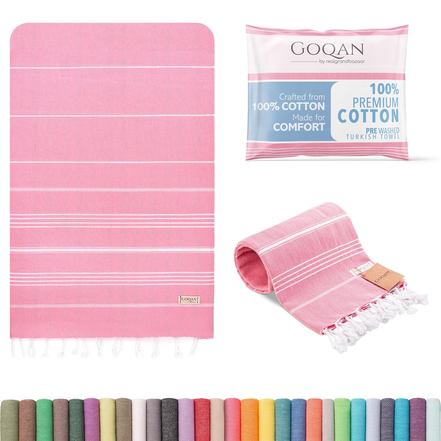 GOQAN Turkish Beach Towel Oversized 39x71 | Thin, Lightweight, 100% Cotton and Sand Free Towel is Suitable for Beach, Bathroom, Pool, Travel, Swim, Gift | Odor Free Thx to Quick Dry Property - Pink