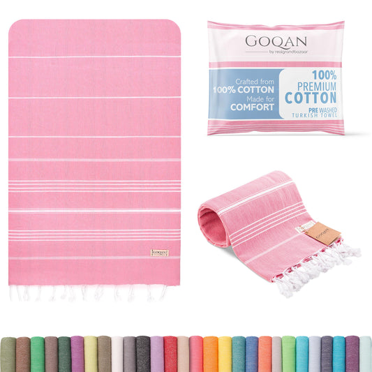 GOQAN Turkish Beach Towel Oversized 39x71 | Thin, Lightweight, 100% Cotton and Sand Free Towel is Suitable for Beach, Bathroom, Pool, Travel, Swim, Gift | Odor Free Thx to Quick Dry Property - Pink