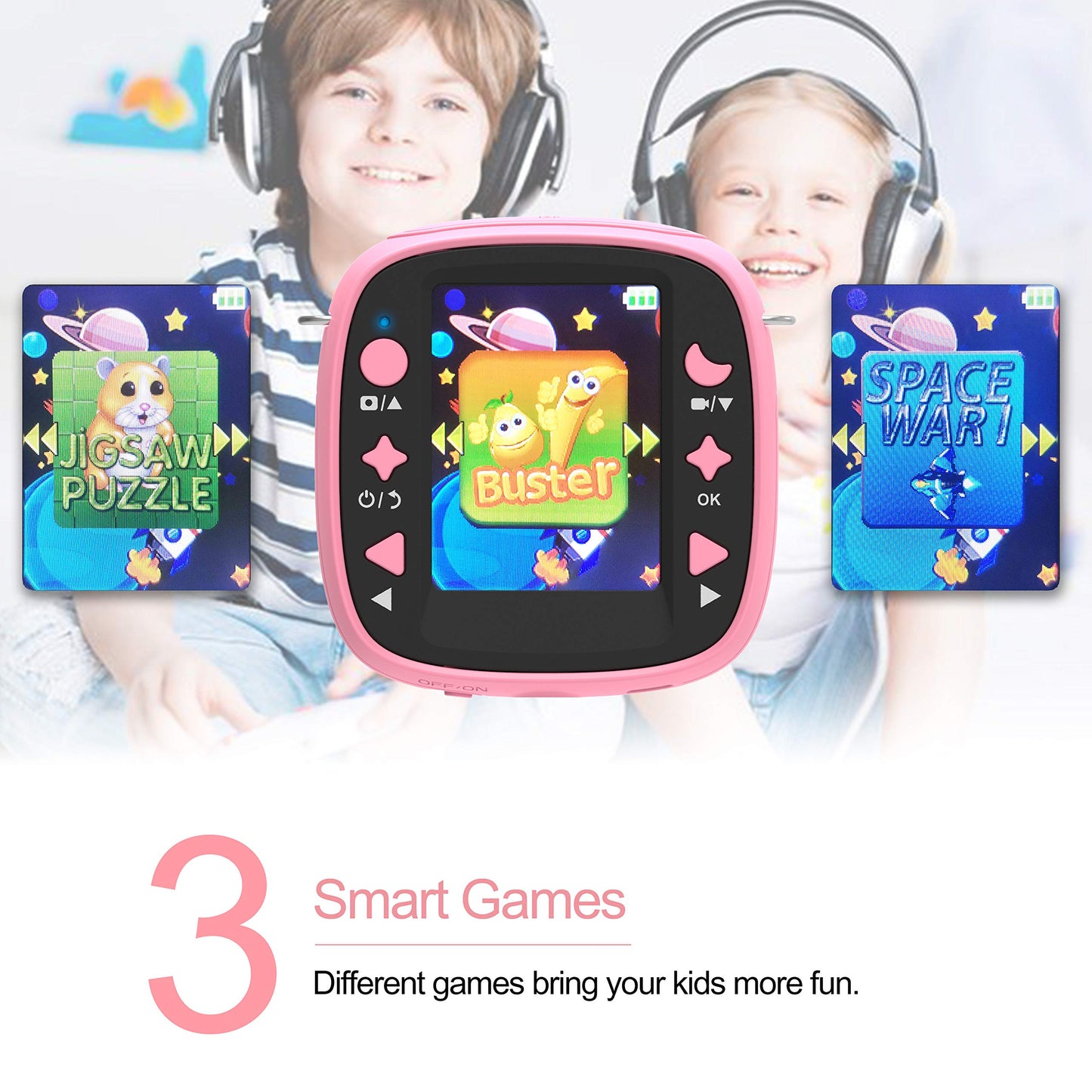 AKAMATE Kids Action Camera Waterproof Video Digital Children Cam 1080P HD Sports Camera Camcorder for Boys Girls, Build-in 4Games, 32GB SD Card (Pink)