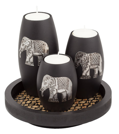 IYARA CRAFT Elephant Tealight Candle Holder Set – 3 Handmade Wood Holders with Tray – Elegant Home Decor & Thoughtful Gift for Mother’s Day, Birthday, Housewarming