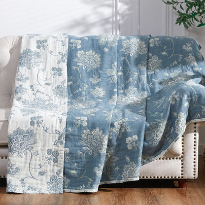 jinchan Boho 100% Cotton Muslin Twin Size 60x80 Inches Blanket Lightweight 4-Layer Quilted Soft Blue and White Floral Throw Blanket Green Accents Reversible Comfy Flower Summer Couch Bedroom Decor
