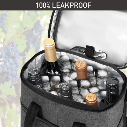 opux 6 Bottle Carrier Tote | Insulated Padded Wine Cooler Bag for Travel. Picnic, BYOB | Portable Leakproof Wine Tote Bag for Dinner, Party, Christmas, Wine Gift for Women, Men (Charcoal Gray)