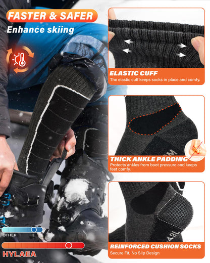 Merino Wool Cold Weather Ski Socks for Snowboarding, Snow, Winter - Thermal Knee-High Warm Socks for Hunting, Outdoor Sports (3 Pairs, Black Grey Grey, X-Large)