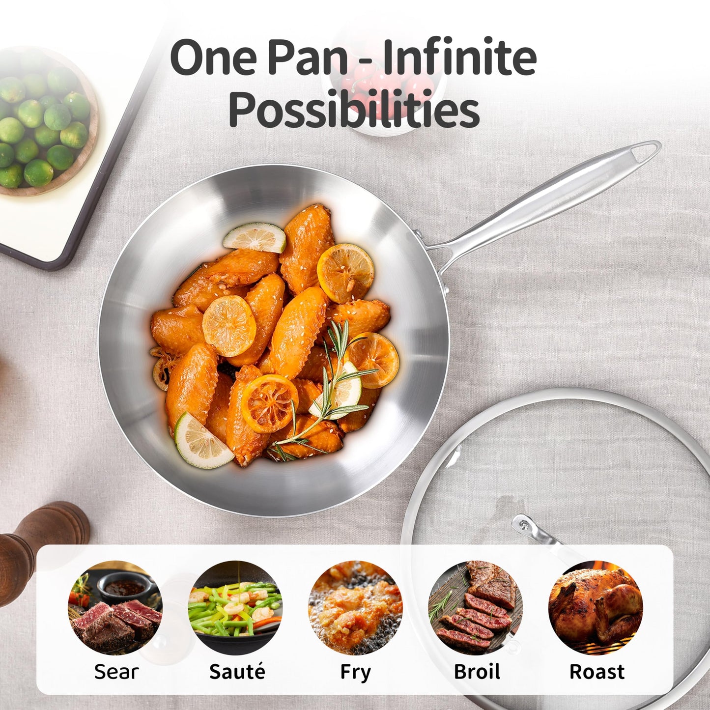 LOLYKITCH 12 Inch Tri-Ply Stainless Steel Frying Pan,Skillet,Induction Cooking Pan,Dishwasher and Oven Safe,Heavy Duty and Detachable Handle.