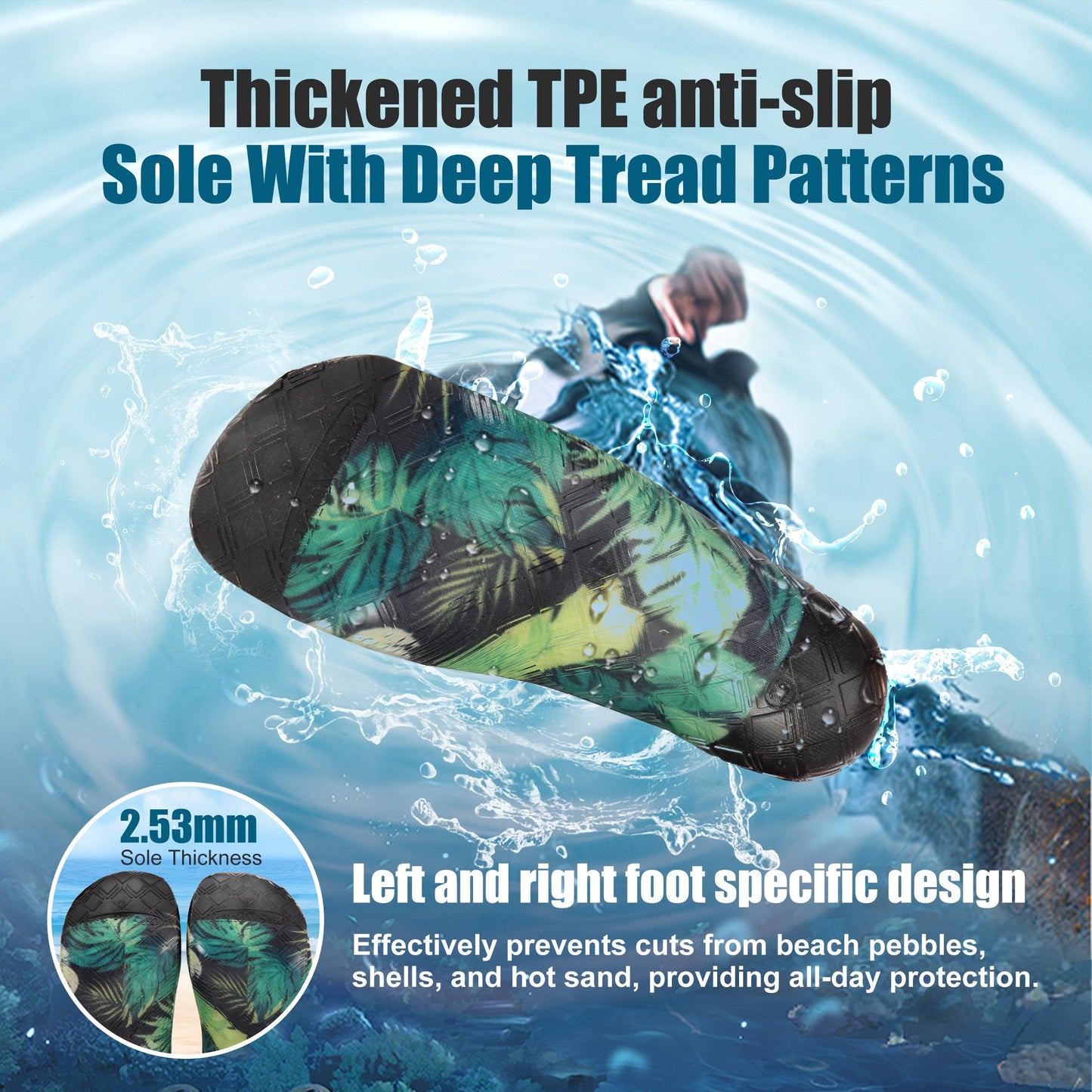 RANDY SUN Ankle Quick-Dry Barefoot Beach Socks with Anti-Slip TPE Sole, Breathable Lightweight Shoes for Sand, Seamless Aqua Socks, Black Leopard Size 24