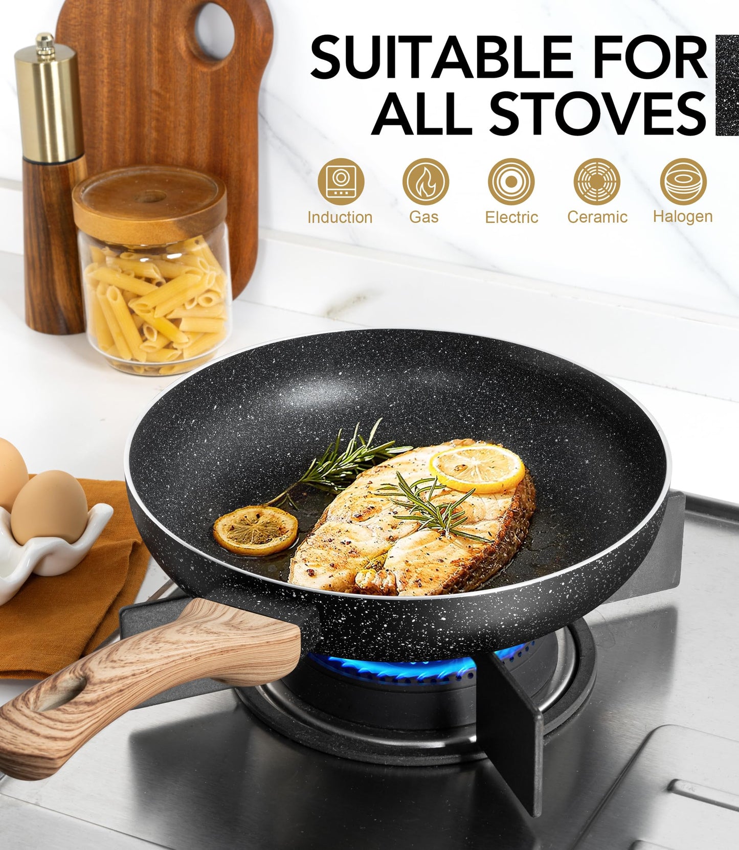 MICHELANGELO Non Stick Frying Pans - 8"+9.5"+11" Nonstick Frying Pan Set with Non-Toxic Stone Coating, Frying Pans Nonstick with Anti-Scald Handle, Induction Compatible