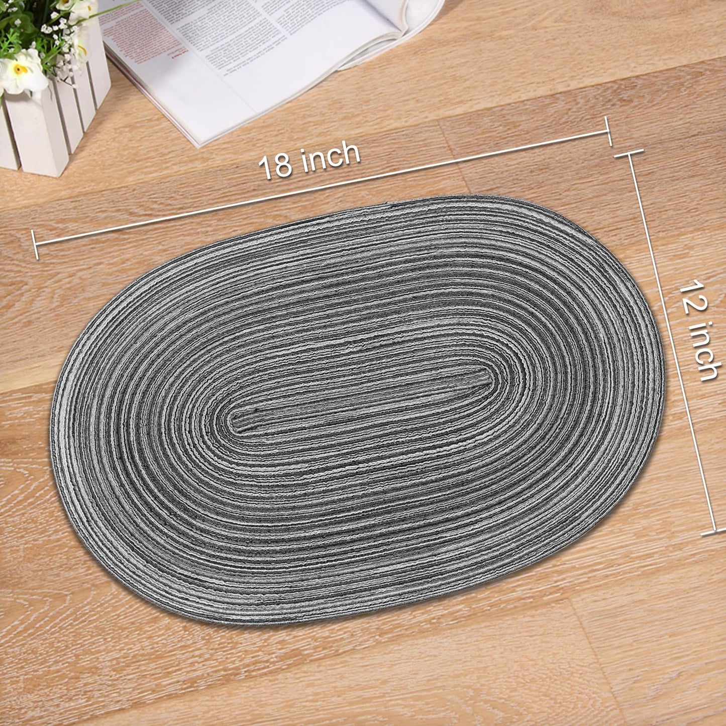 Noctiflorous Oval Braided Placemats Set of 4 Woven 12x18 Inch Non Slip Washable Heat Resistant Place Mats Tablemats for Dining Kitchen Party Daily Table Decor Dinner Mats (Black Gray, 4)
