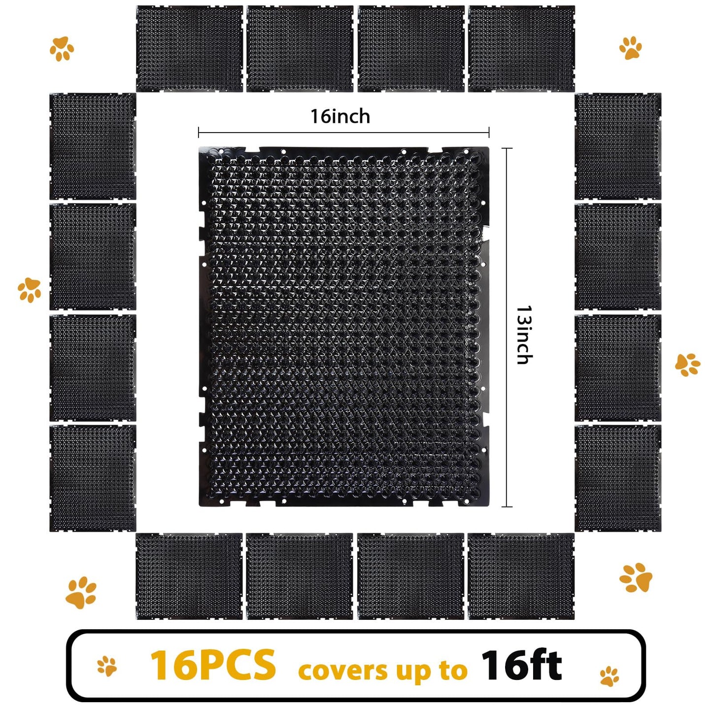 16 Pack Cat Repellent Outdoor Mat Cats Dogs Plastic Bendable Spiked Deterrent Training Repellent PET Mats with Spikes for Indoor Outdoor Supplies, 18.3 Square Feet, 16 x 13 Inch(Black)