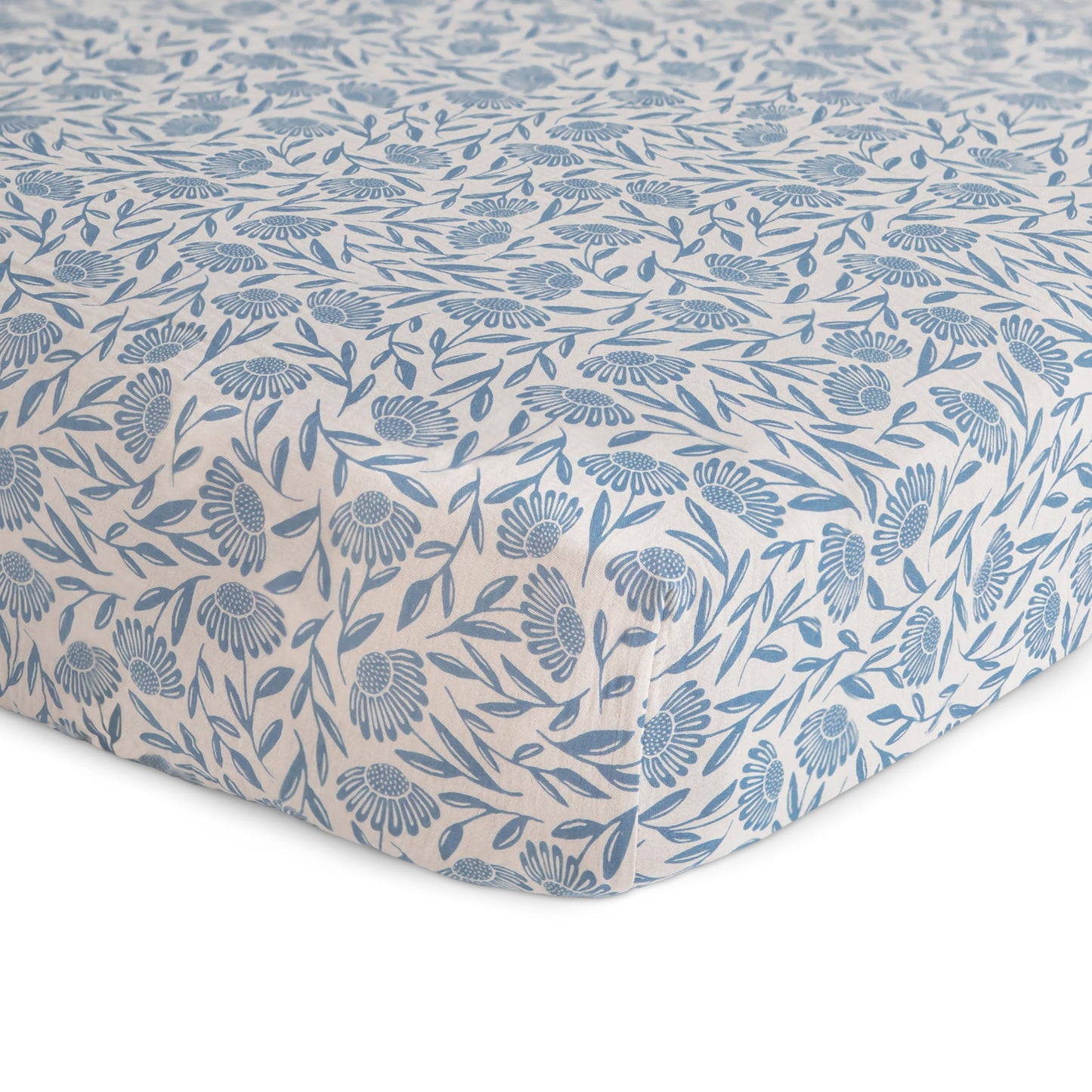 mushie Extra Soft Muslin Fitted Crib Sheet | 192 Thread Count | 28"x 52" (Blue Flowers)