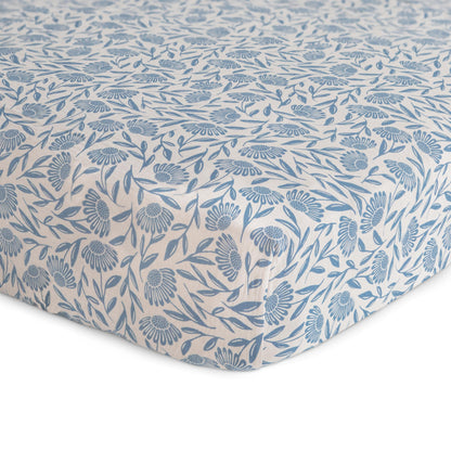 mushie Extra Soft Muslin Fitted Crib Sheet | 192 Thread Count | 28"x 52" (Blue Flowers)