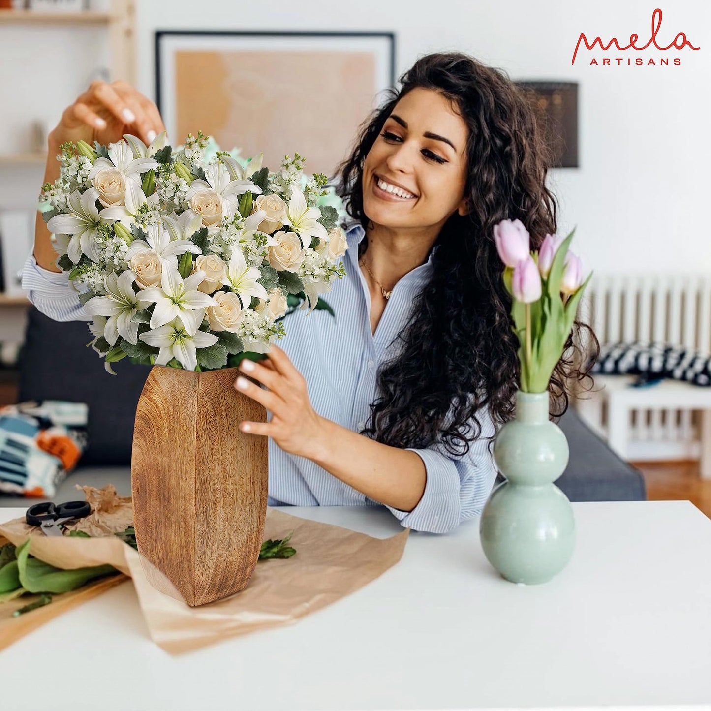 Mela Artisans Large Wood Vase - Manas Style with Medium Burnt Finish | 12" x 3.5" x 3.5" | Wooden Vases for Home Decor | Decorative Rustic Natural Mango Wood Vases | Elegant Wood Flower & Bud Vase