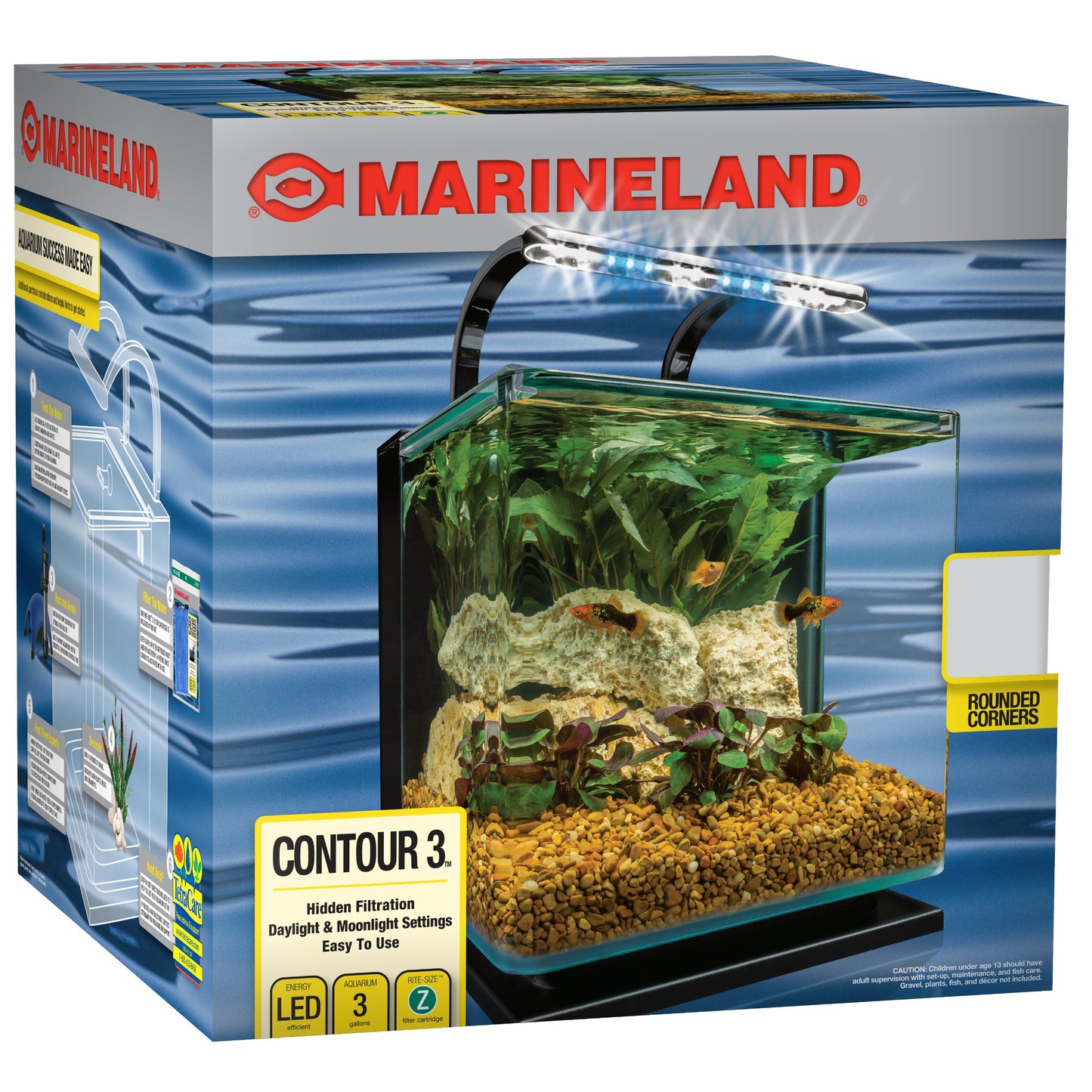 Marineland Contour 3 Aquarium Kit 3 Gallons, Rounded Glass Corners, Includes LED Lighting